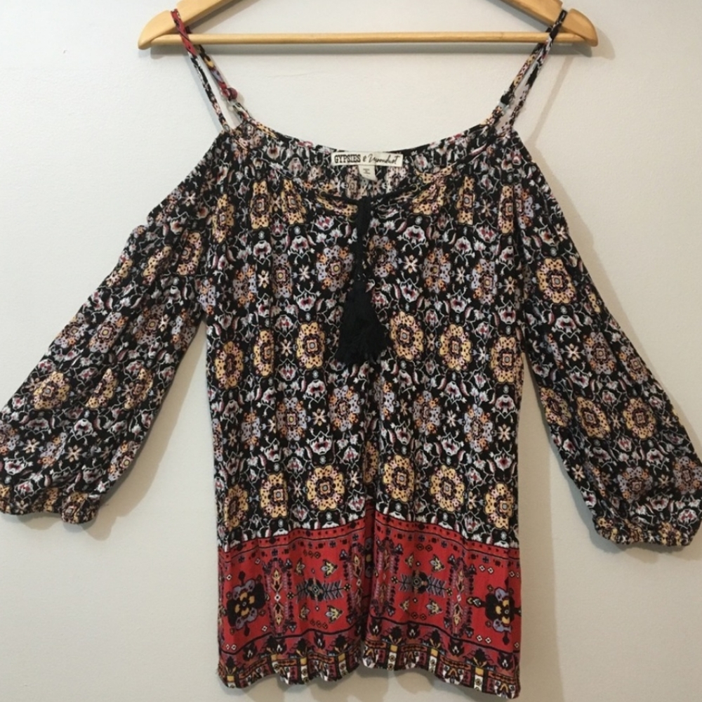 EUC GYPSIES & MOONDUST Bohemian Elastic-Cuff Tassel-Tie Cold-Shoulder Tunic